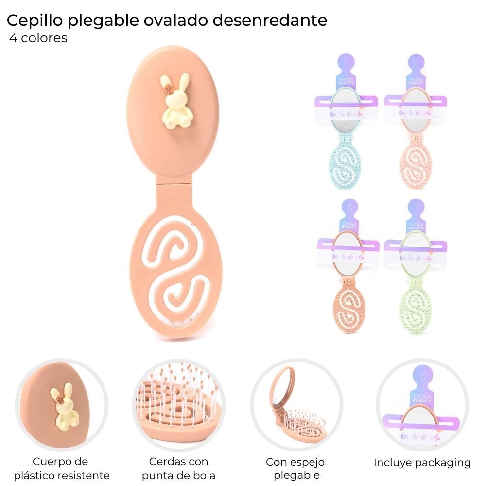 Cepillo plegable ovalado desenredante con espejo C39039