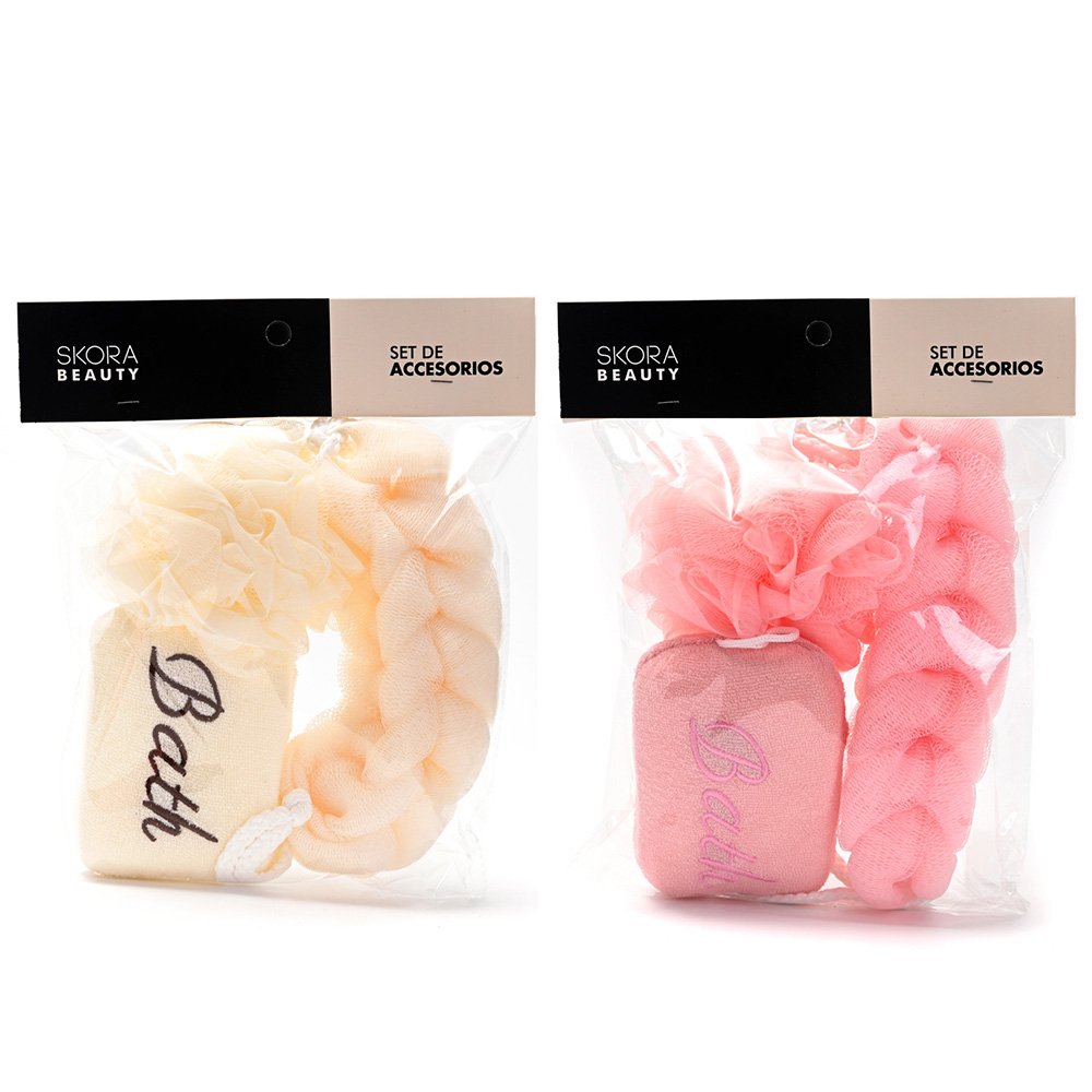 Set de Ducha x 3 Esponja Exfoliante, Esponja de Cuerpo y de Espalda 38936/42