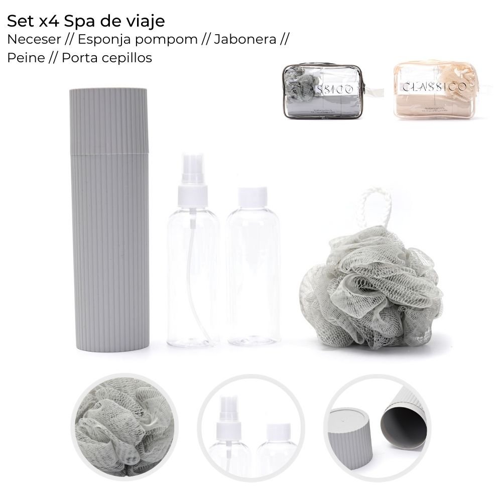 Set de Viaje x4 con Neceser Esponja Jabonera Peine Portacepillo 38944