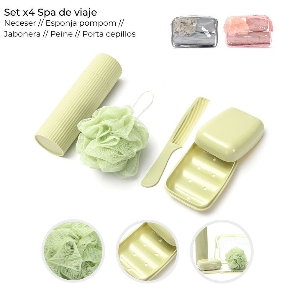 Set de Viaje x 4 unidades con Neceser Esponja Jabonera Peine Porta Cepillos 38945