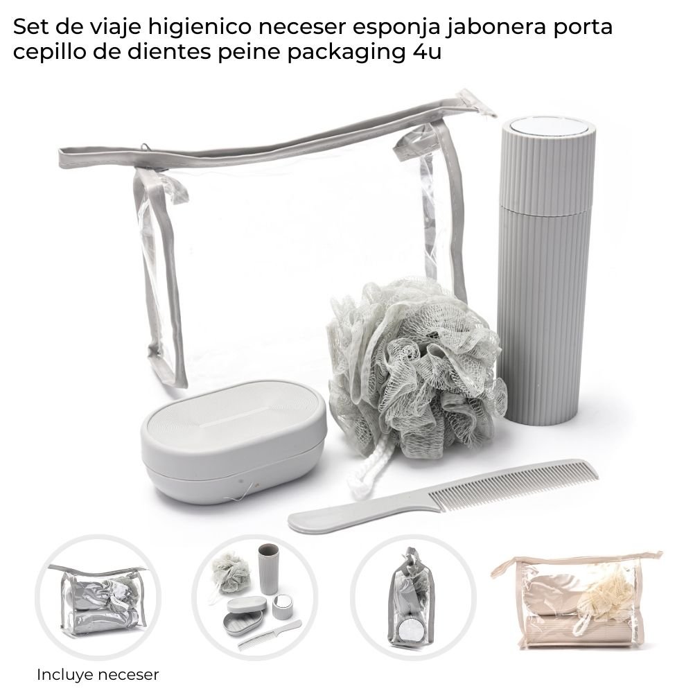 Set de Viaje x 4 con Neceser Esponja Jabonera Peine Porta Cepillo 44015